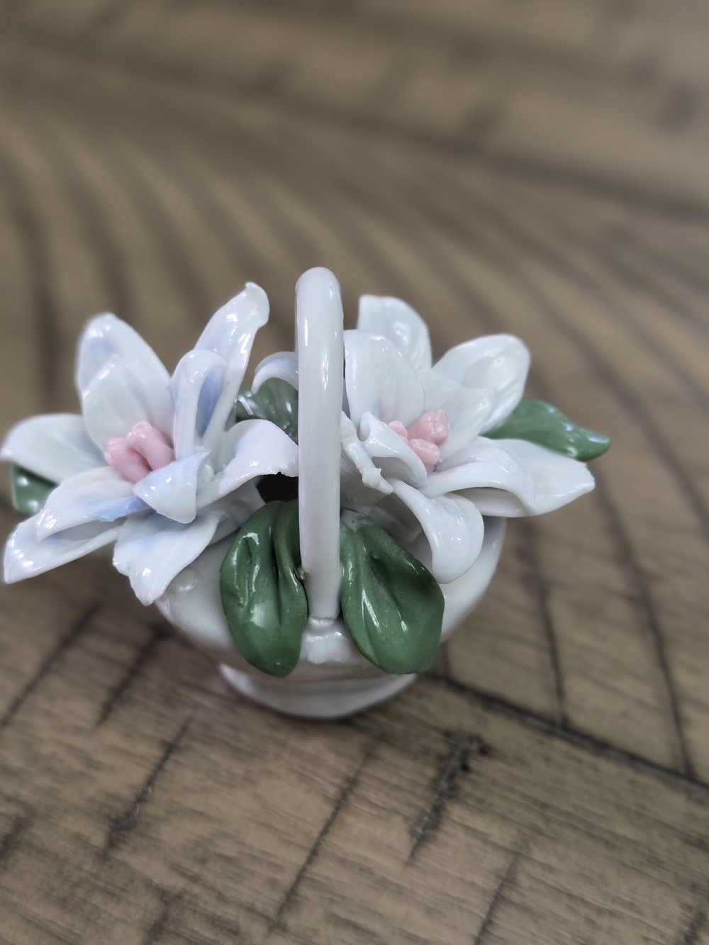Porcelain Flower Basket Home Accent - White with Green Leaves